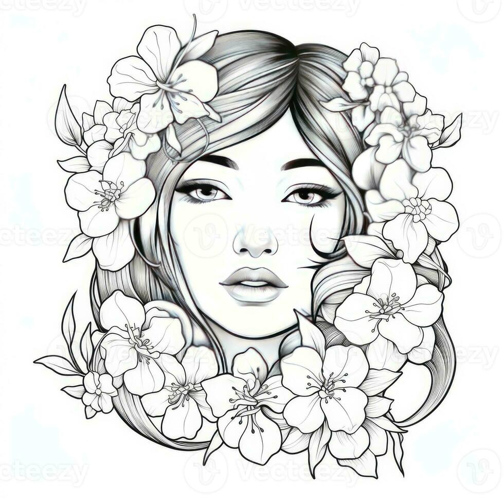 AI generated A girl on a coloring book page with Jasmine flowers. AI Generated photo