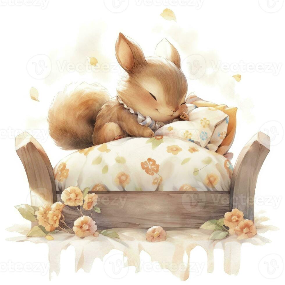 AI generated A sleepy baby squirrel in a bedding. watercolor illustration. AI Generated photo