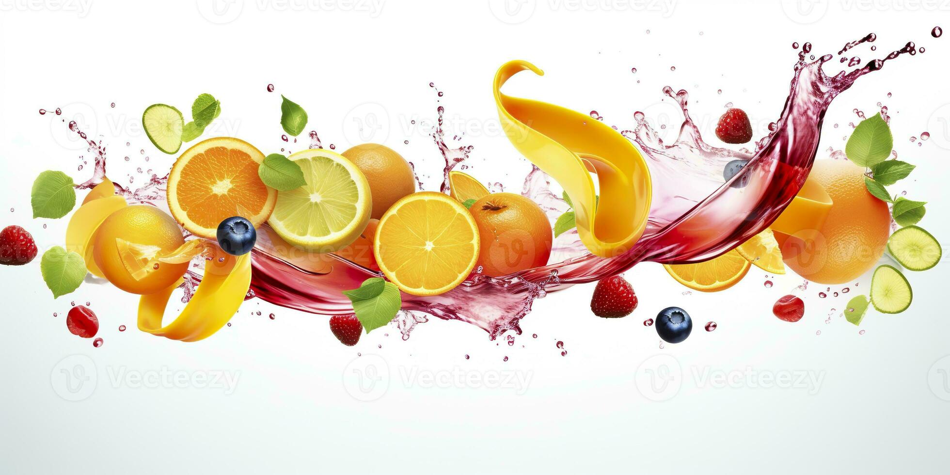 AI generated Swirl water splash with fruits. liquid flow with ice cubes and a mix of fresh fruits. Generative AI photo