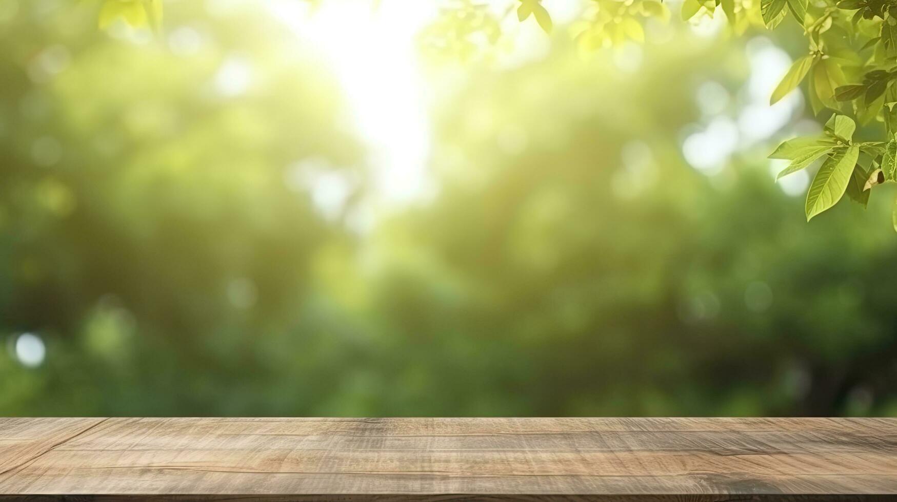 AI generated Beautiful blurred boreal forest background view with empty rustic wooden table photo