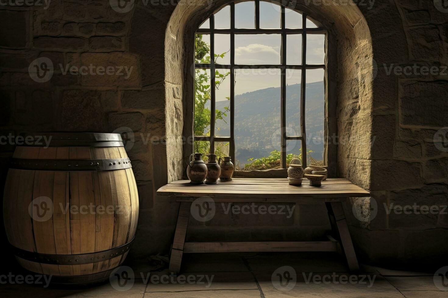 AI generated Barrel in an ancient castle beside the window. AI Generated photo
