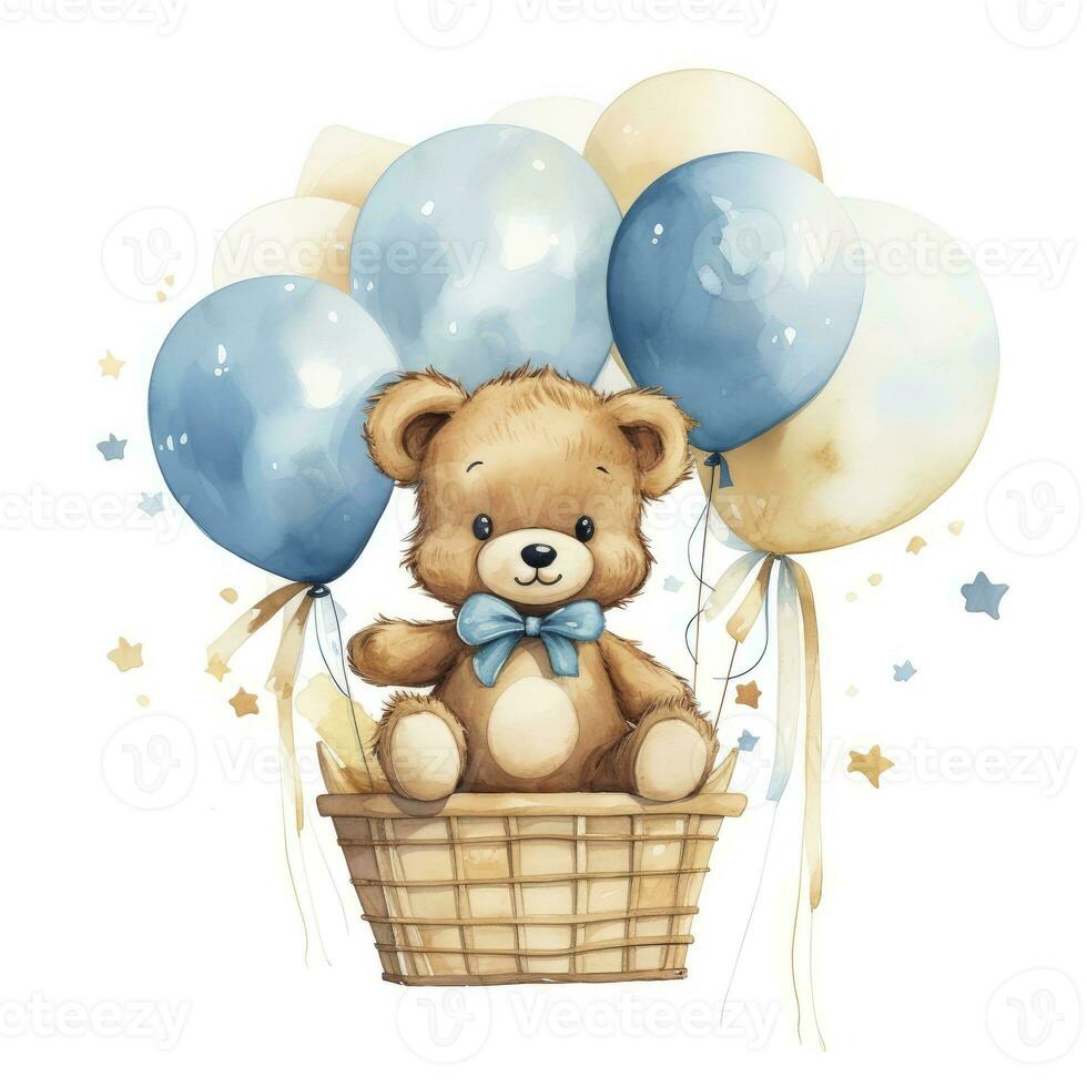 AI generated A watercolor baby teddy bear is sitting in the basket with blue and gold balloons. AI Generated photo