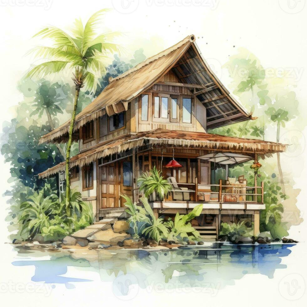 AI generated A watercolored bright serene image of a traditional bahay kubo. AI Generated photo