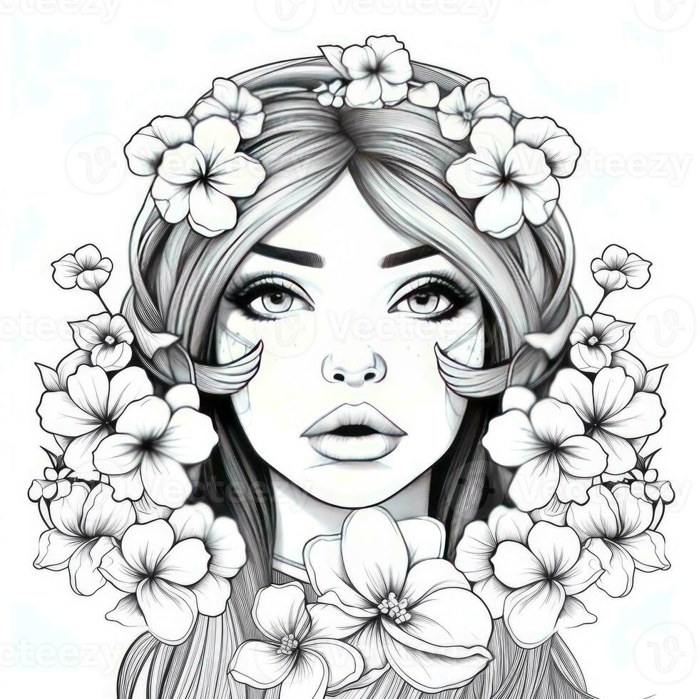 AI generated A girl on a coloring book page with Jasmine flowers. AI Generated photo