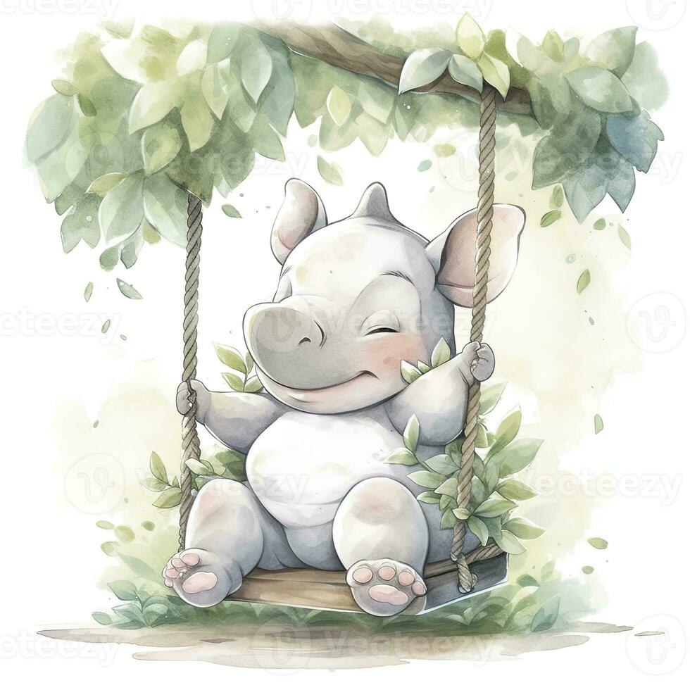 AI generated Cute happy baby rhino on swings in the tree in watercolor style. AI Generated photo