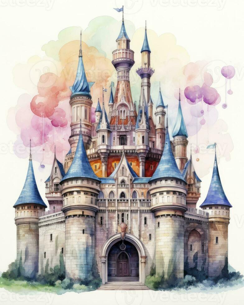 AI generated Colorful watercolor kawaii castle isolated on white background. AI Generated photo