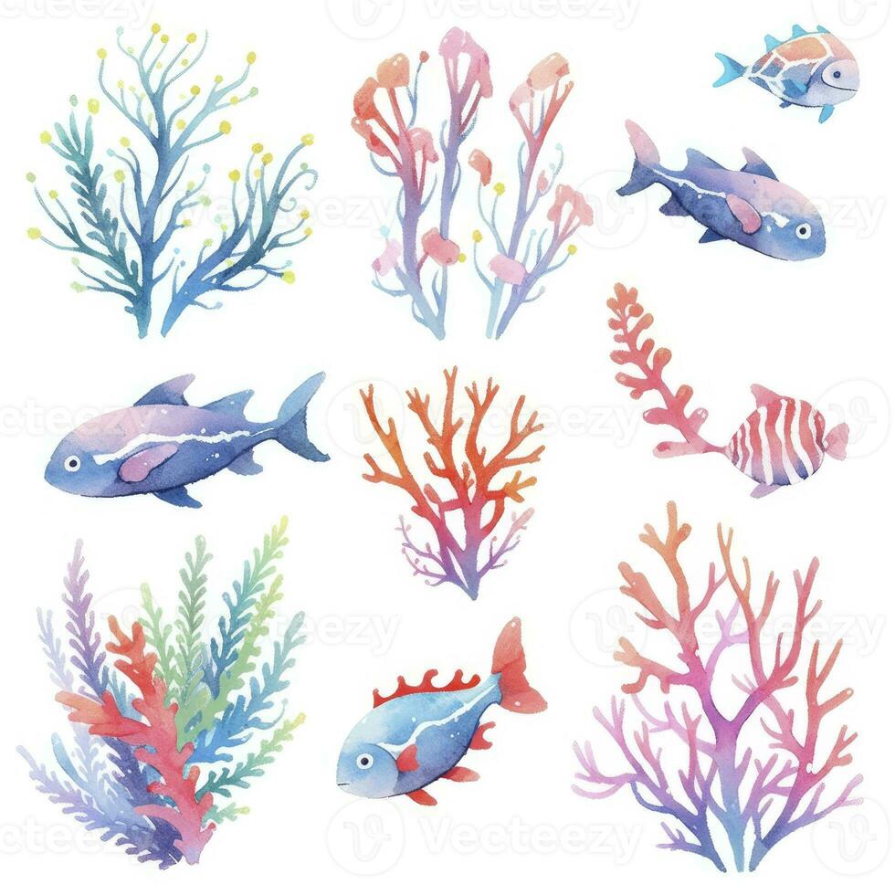 AI generated Underwater Sea element in watercolor on the white background. AI Generated photo