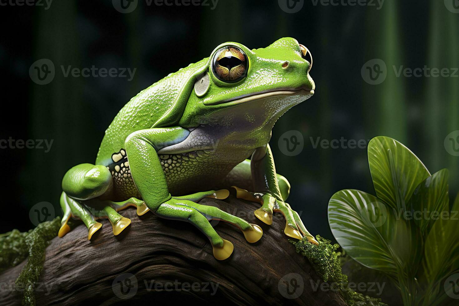 AI generated Tree Frog sitting on plant. AI Generated photo