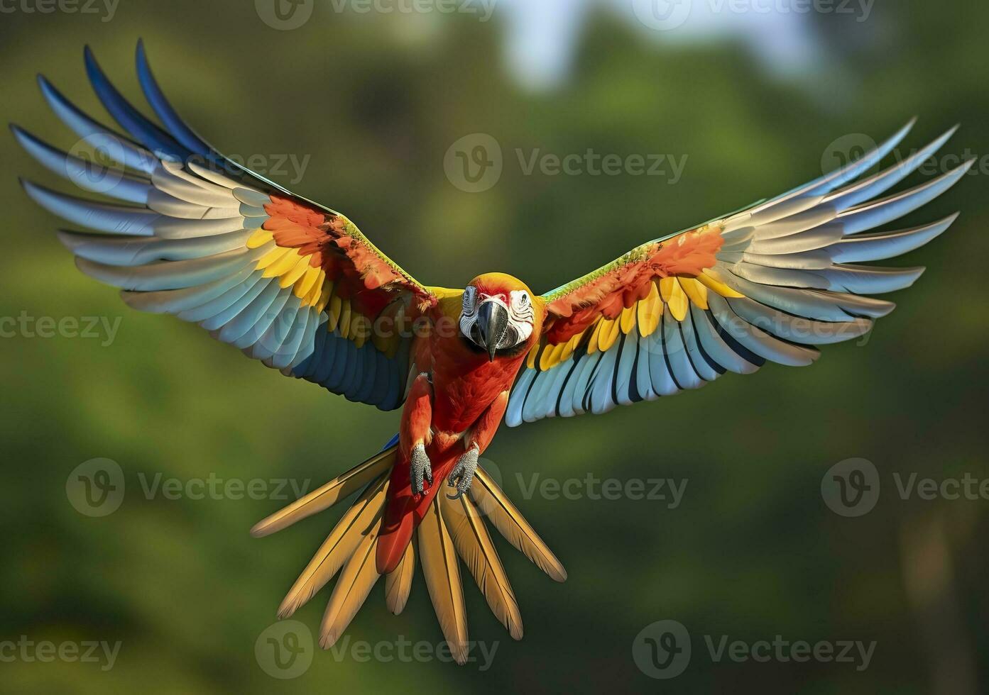 AI generated Flying macaw, beautiful bird. Generative AI photo