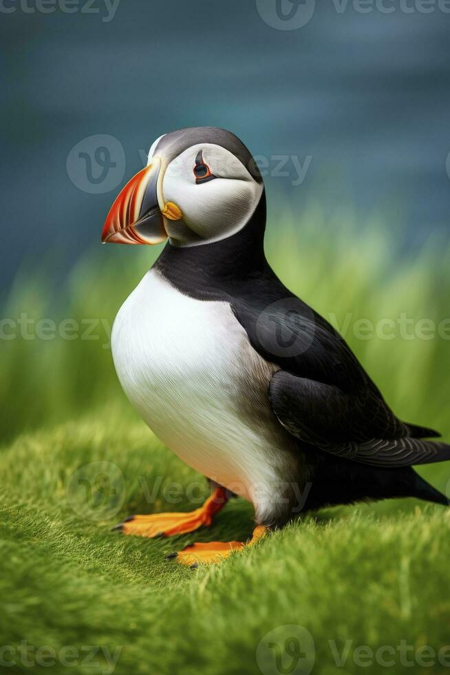 AI generated Puffin bird on a green grass patch. AI Generated photo