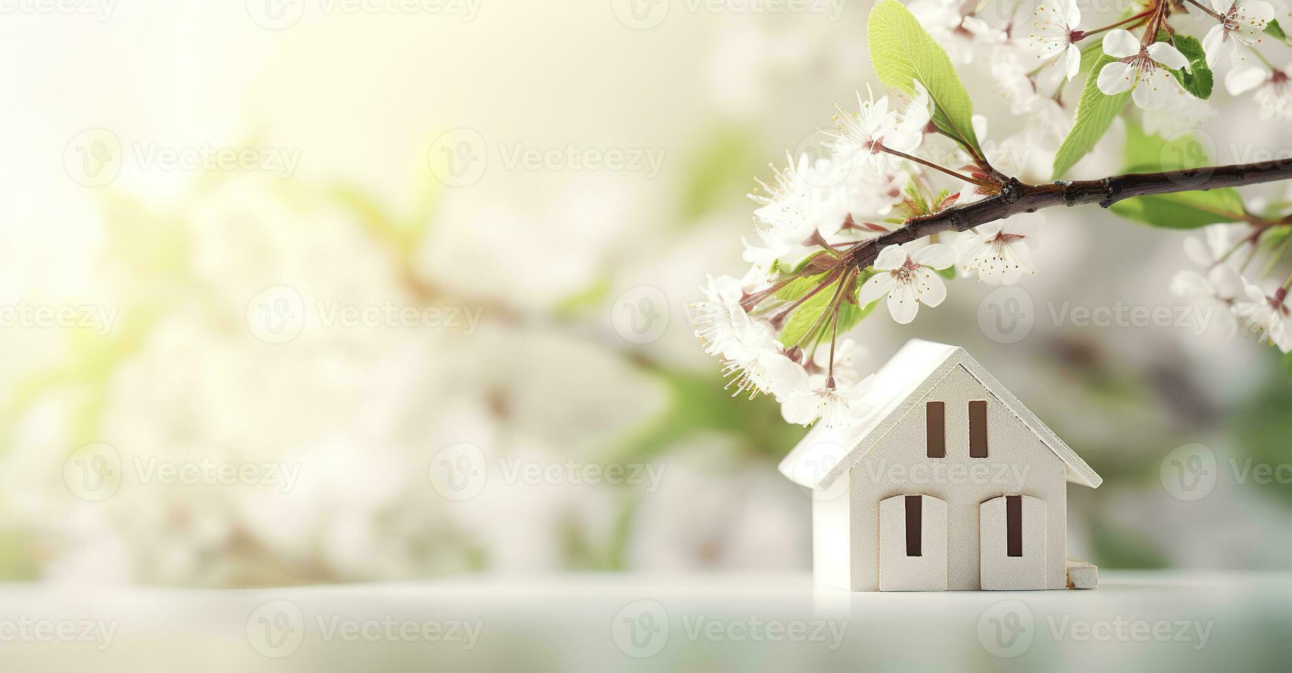 AI generated Toy house and cherry flowers, spring abstract natural background. Generative AI photo