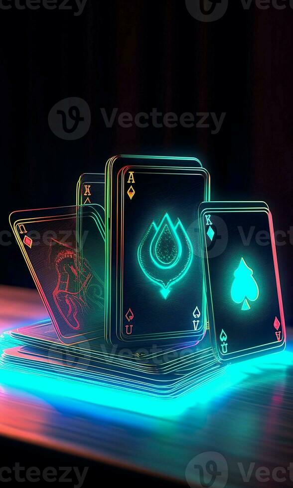 AI generated Some playing cards with glowing neon designs on a tablet. Generative AI photo