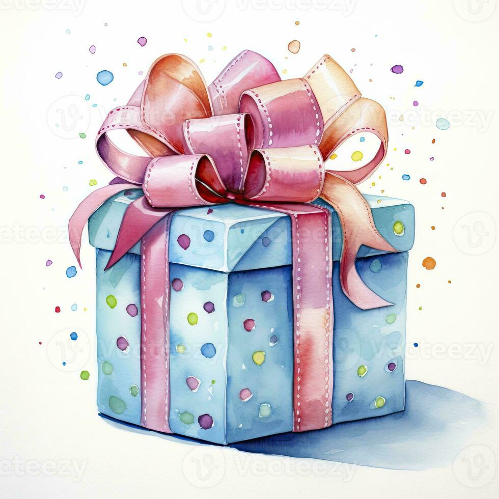 AI generated Watercolor birthday present with bow isolated on white background.  AI Generated photo