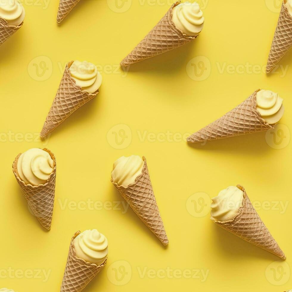 AI generated Ice Cream pattern on yellow background, top view. AI Generated photo