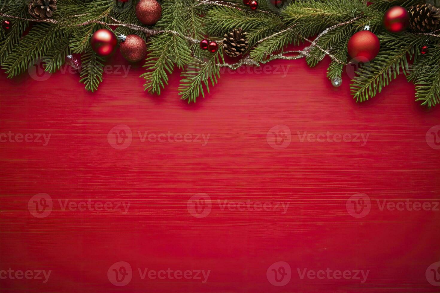 AI generated Christmas or New Year red background with fir decor. AI Generated photo