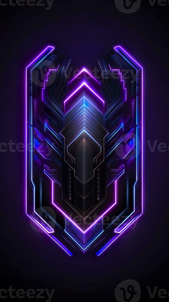 AI generated Amethyst 3D Minimalist Shield Design with a black or dark background with neon lines. AI Generative photo