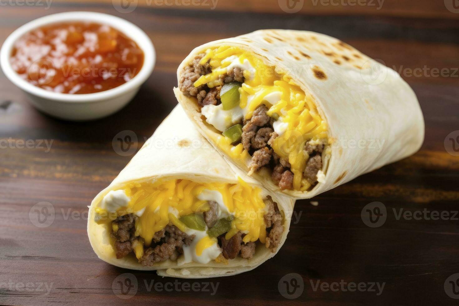 AI generated Breakfast burrito with sausage, eggs, hashbrown and cheese. AI Generated photo