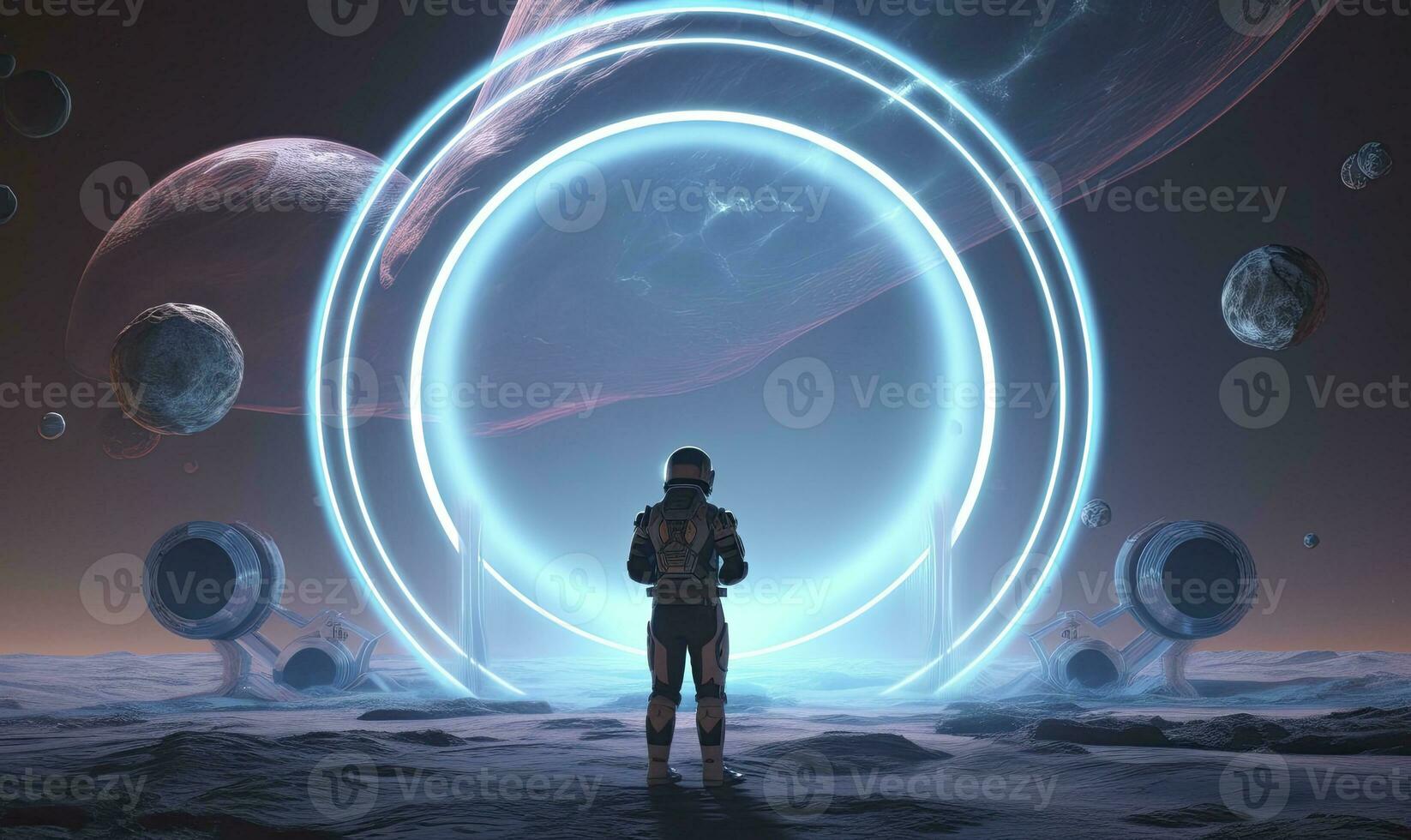 AI generated Astronaut in front of dimensional portal.  AI Generated. photo