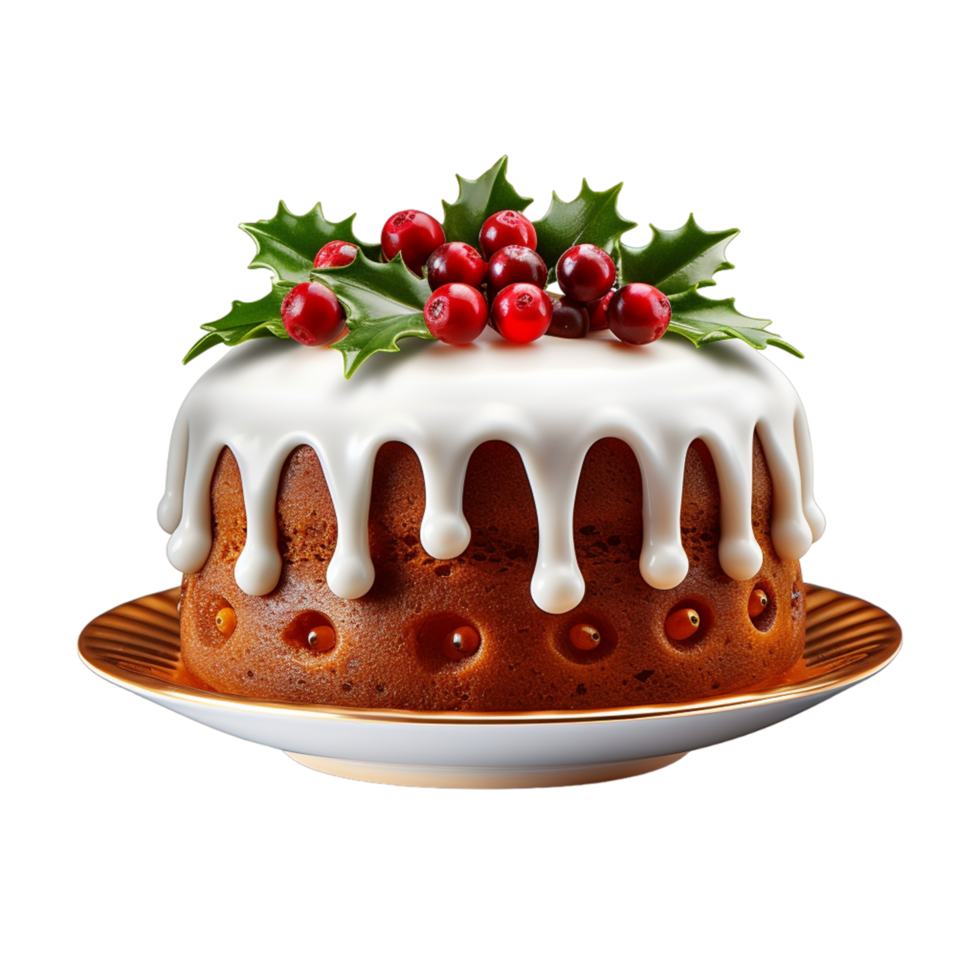 AI generated Chocolate Christmas cake with meringue and holly. A festive cake with chocolate icing and meringue decoration on transparent background png