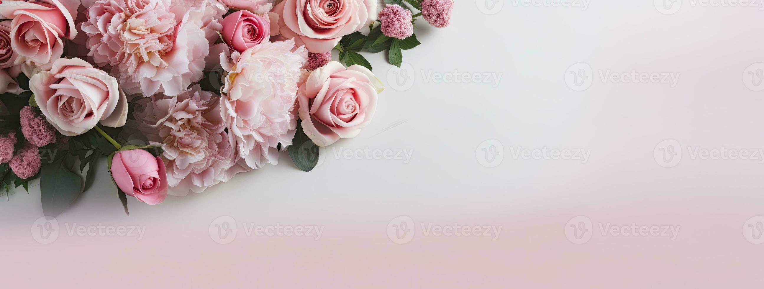 AI generated Fresh bunch of pink peonies and roses with copy space. AI Generated photo