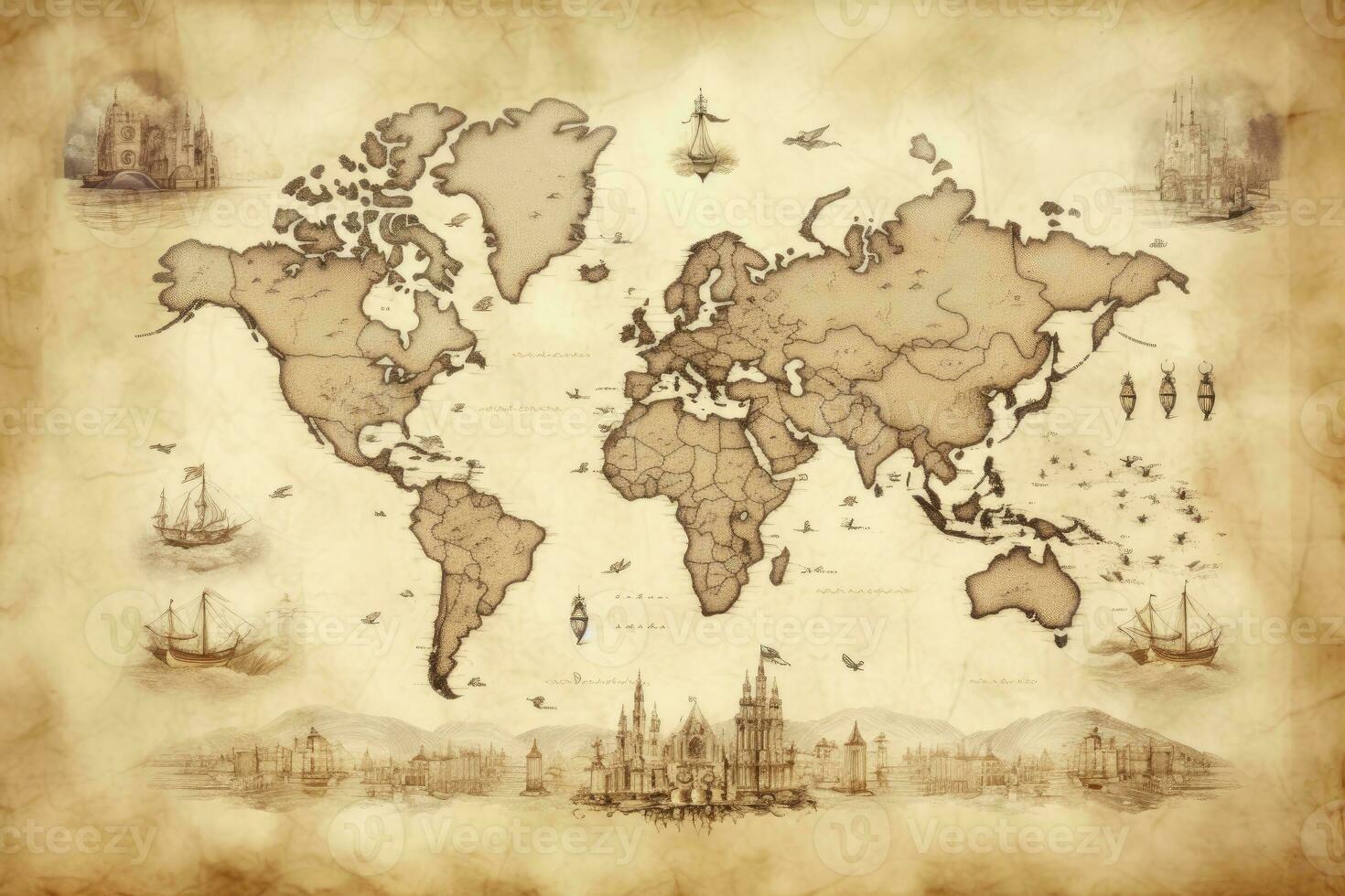 AI generated Great detailed illustration of the world map in vintage style. AI Generated photo