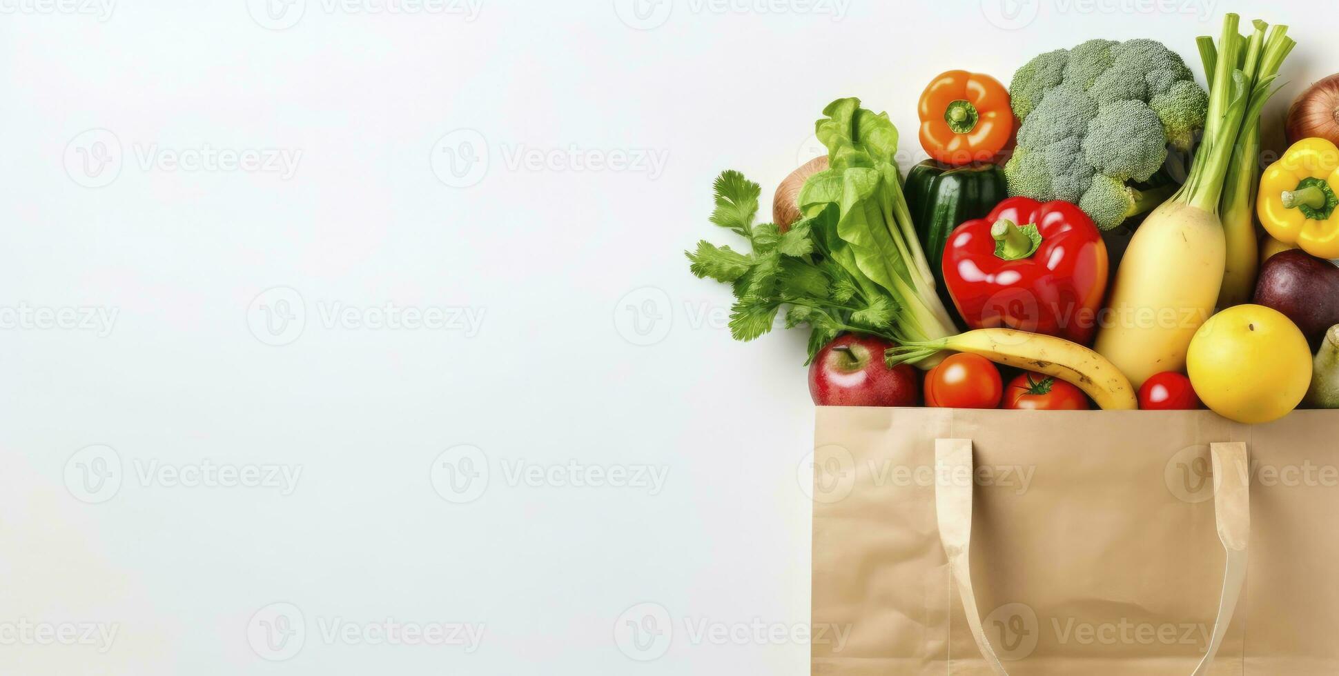 AI generated Healthy food in paper bag vegetables and fruits on white background. AI Generated photo