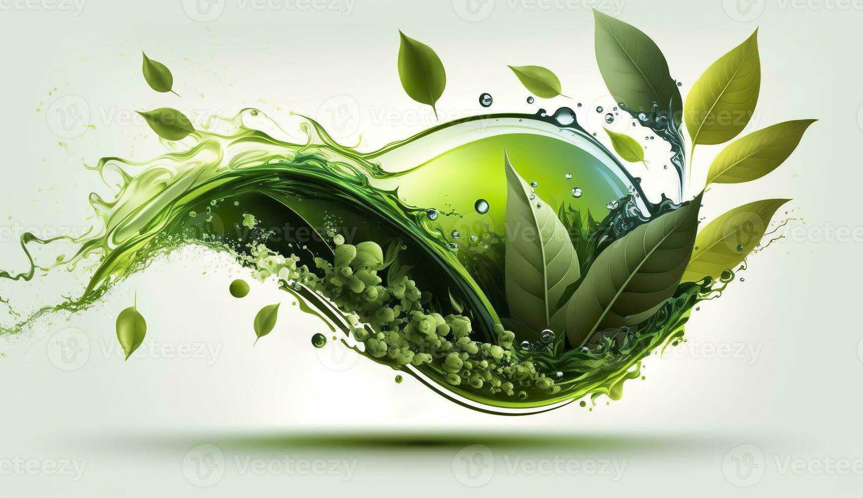 AI generated Green herbal tea wave splash with leaves flow. AI Generated photo