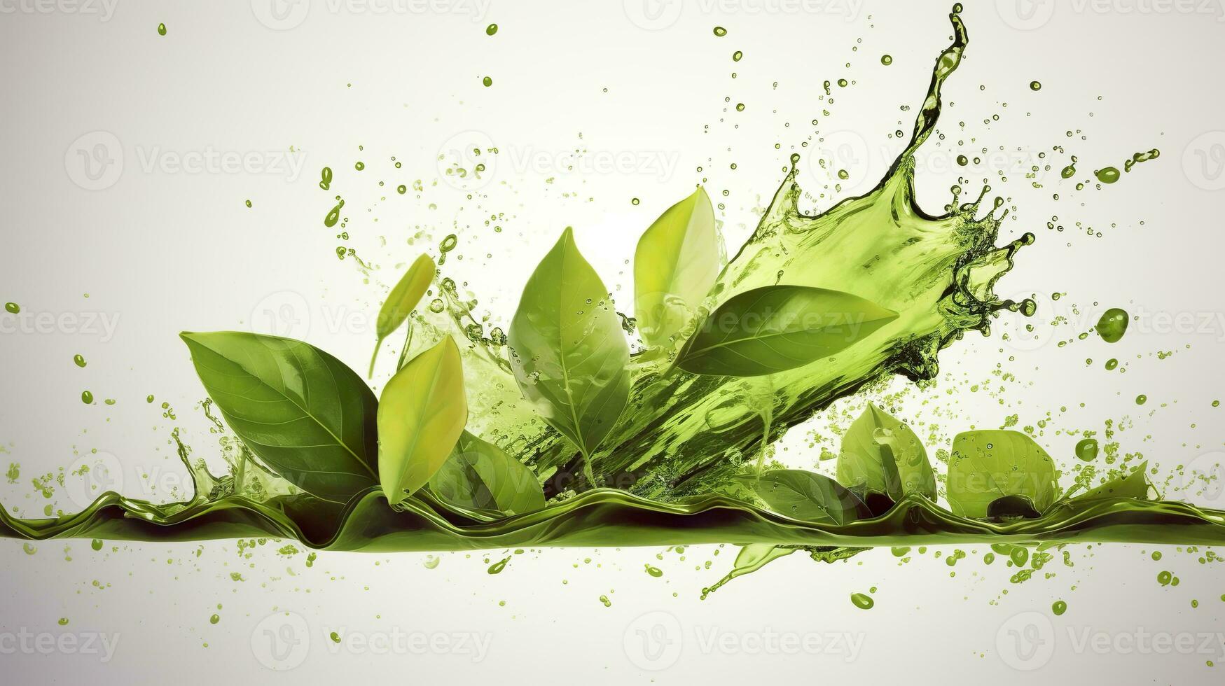 AI generated Green herbal tea wave splash with leaves flow. AI Generated photo