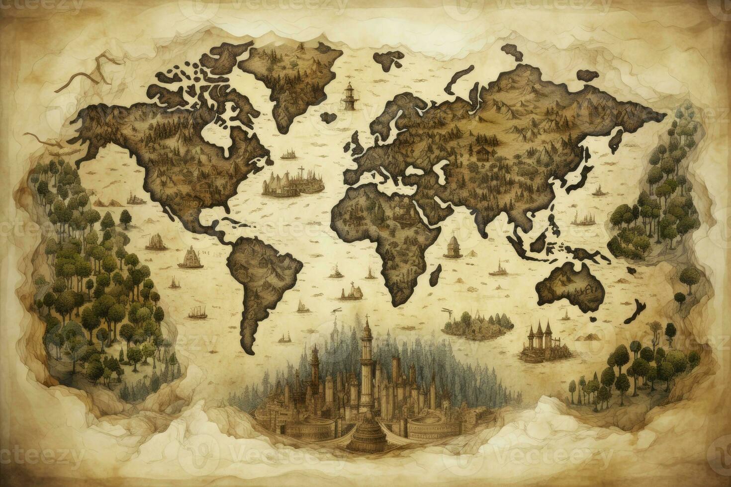 AI generated Great detailed illustration of the world map in vintage style. AI Generated photo