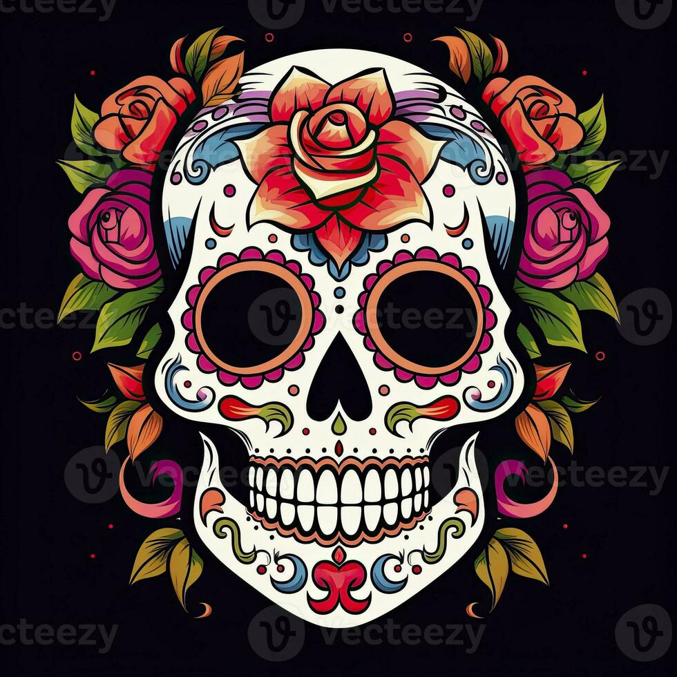 ai generado mexicano rosas cráneo. mexicano rosas cráneo. dia Delaware los muertos shugar vistoso cabeza. ai generado foto