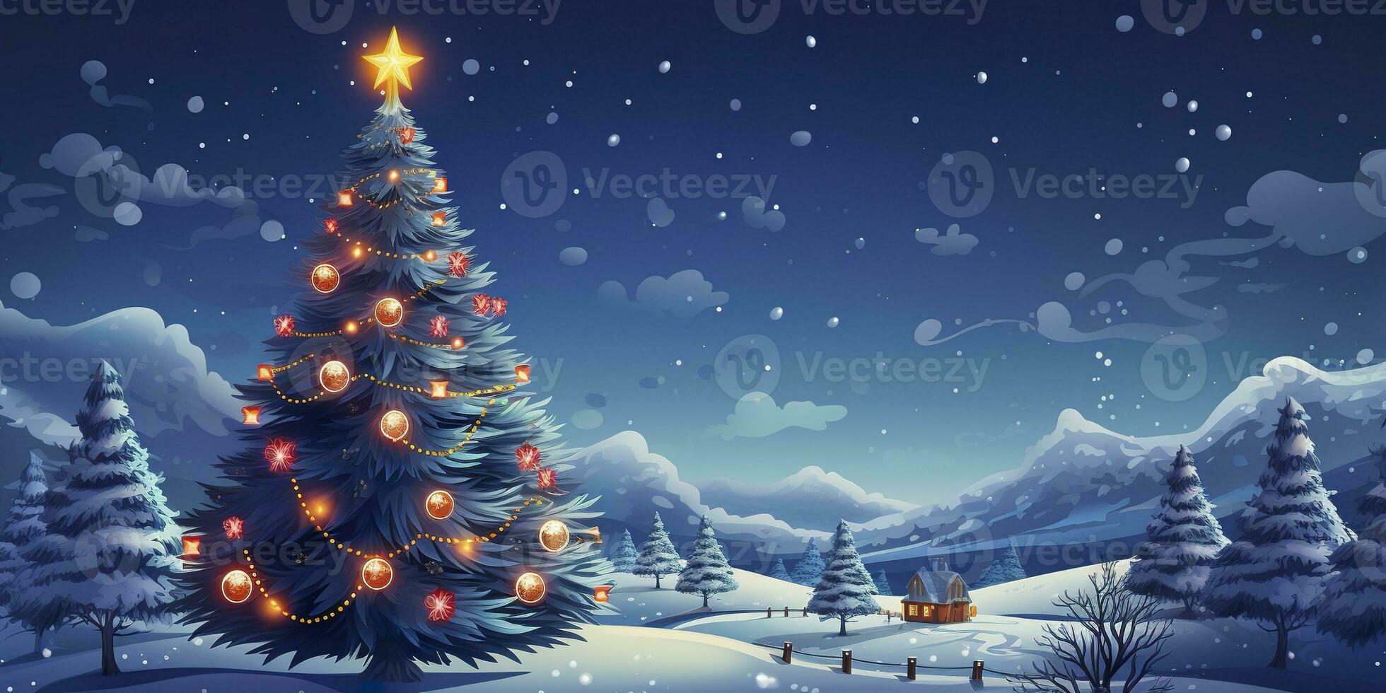 AI generated House with Christmas tree in winter for Merry Christmas and Happy New Year. AI Generated photo