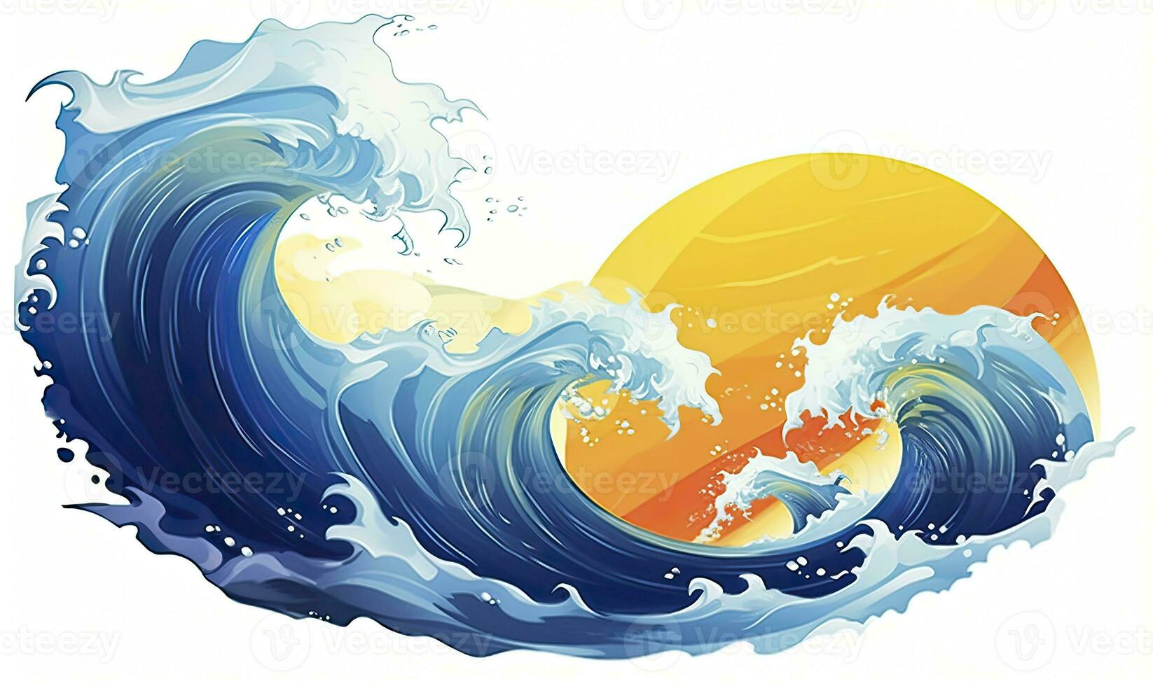 AI generated Ocean wave sun clouds, blue yellow abstract ocean wave. AI Generated. photo