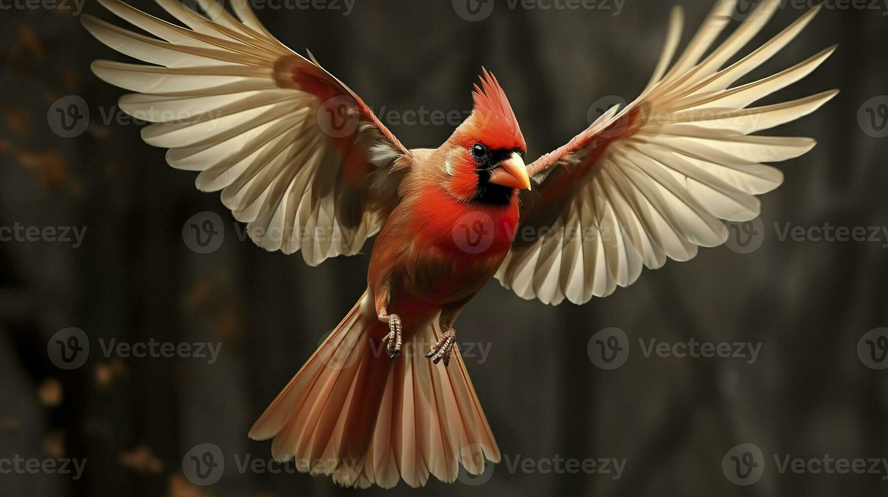 AI generated Northern Cardinal coming in for a landing. Generative AI photo