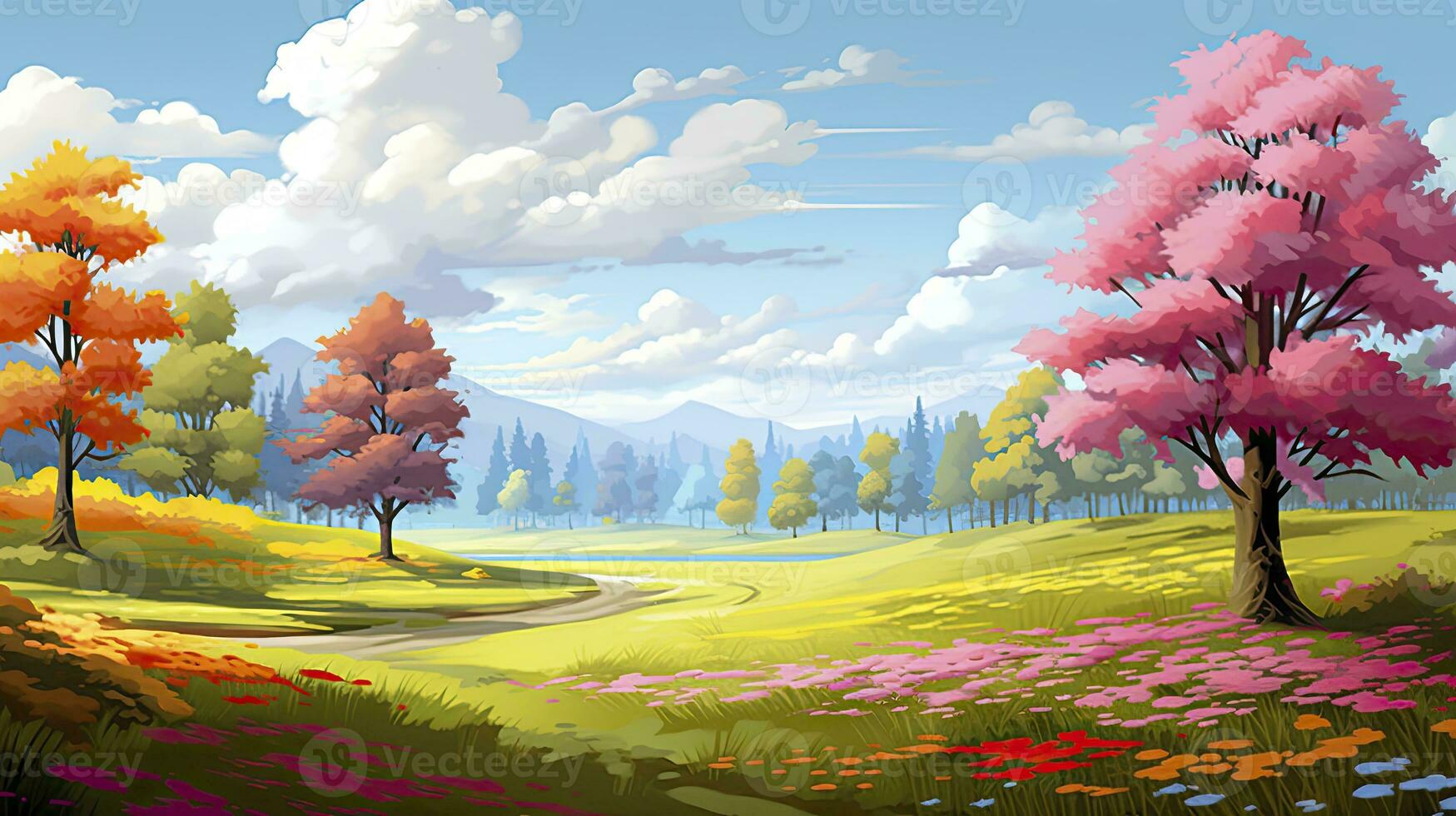 AI generated Spring season with colorful flowers and trees in a pretty meadow or field. AI Generated. photo