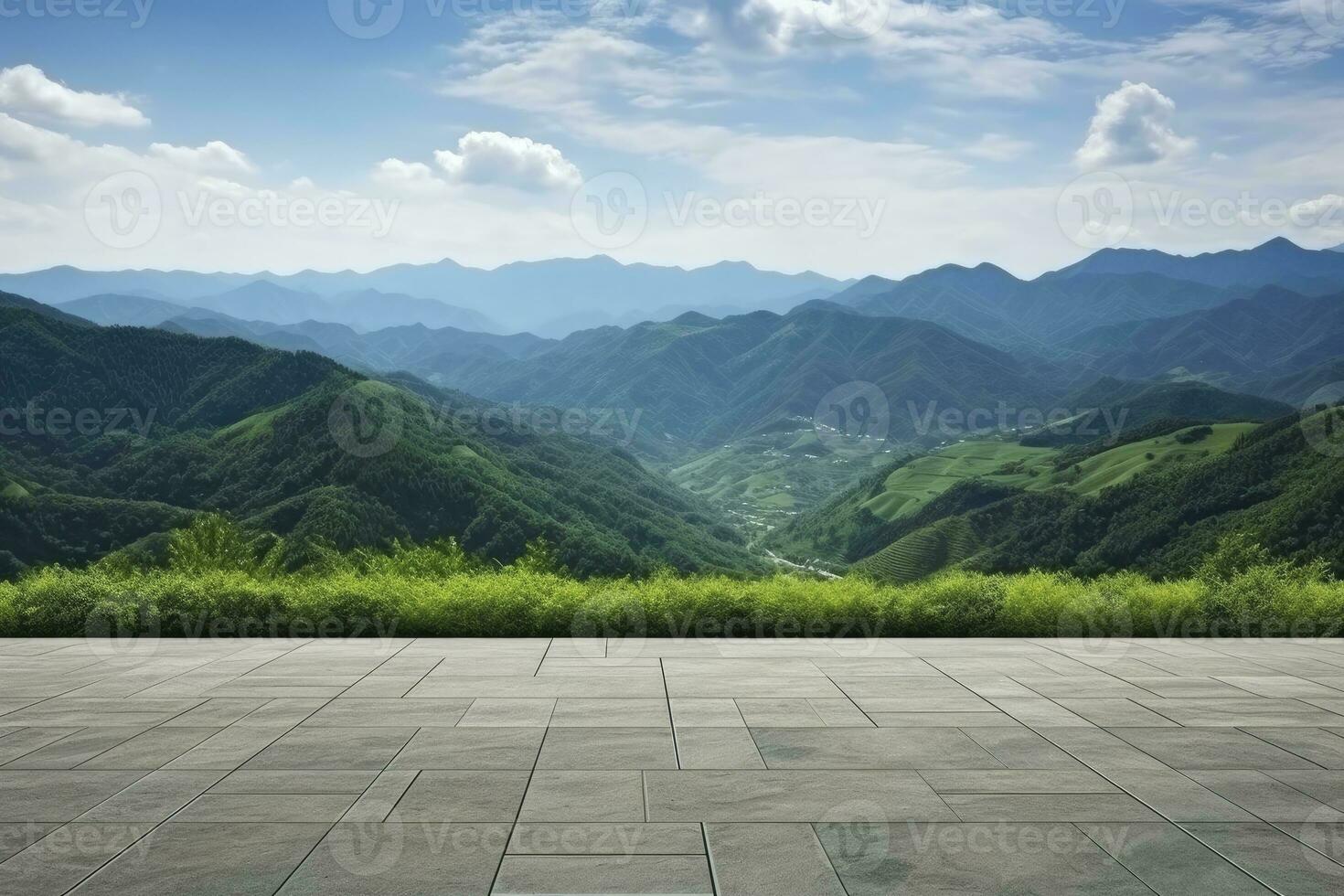 AI generated Square floor and green mountain nature landscape. AI Generated. photo