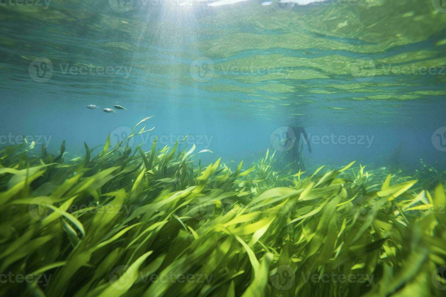 AI generated Underwater view of a group of seabed with green seagrass. AI Generated photo