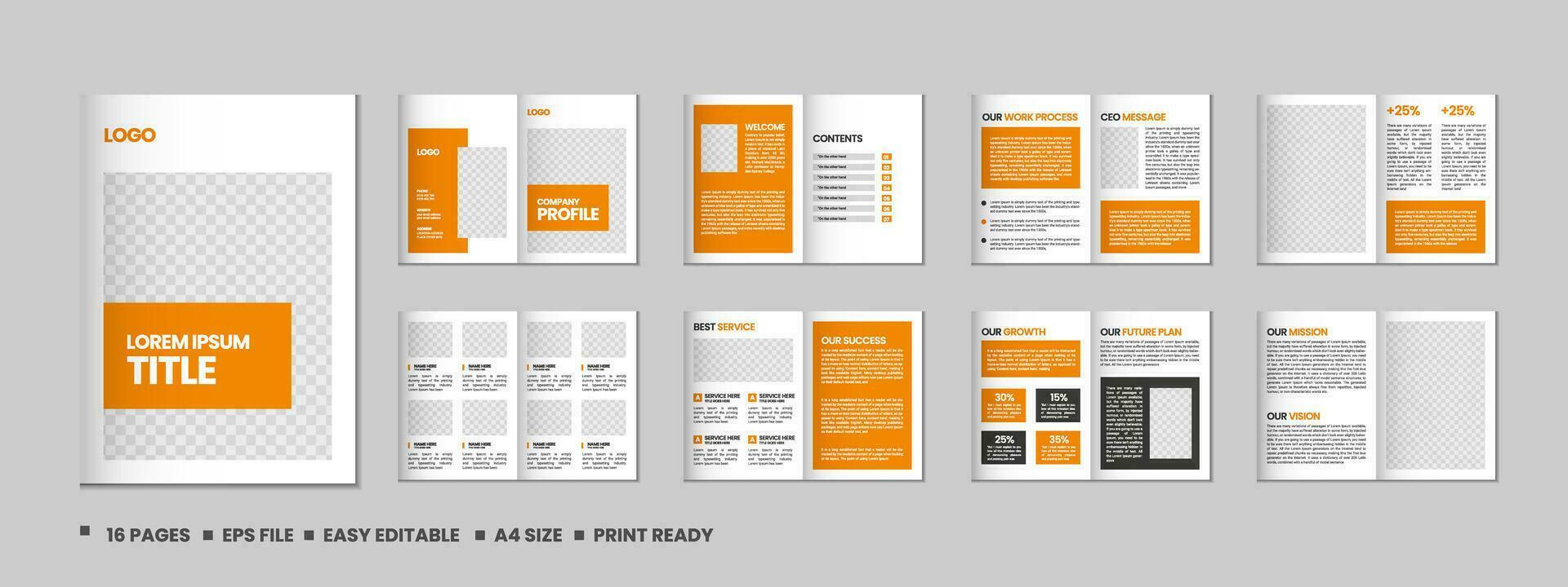 empresa perfil, multi página volantes folleto, dieciséis paginas portafolio revista, anual informe, catalogar y a4 multi página modelo diseño vector