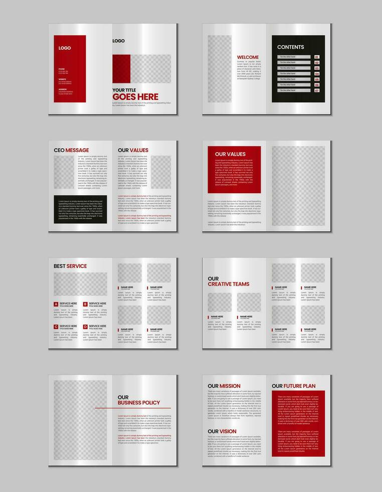 empresa perfil, multi página volantes folleto, dieciséis paginas portafolio revista, anual informe, catalogar y a4 multi página modelo diseño vector