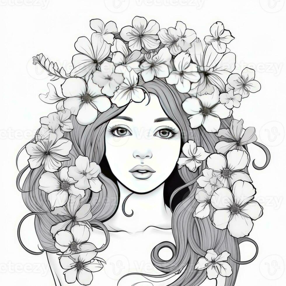 AI generated A girl on a coloring book page with Jasmine flowers. AI Generated photo