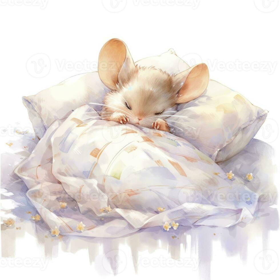 AI generated A sleepy baby mouse in a bedding, watercolor illustration.  AI Generated photo