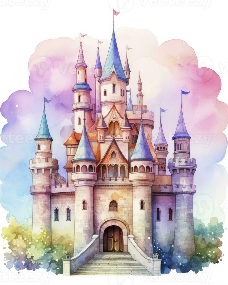 AI generated Colorful watercolor kawaii castle isolated on white background. AI Generated photo