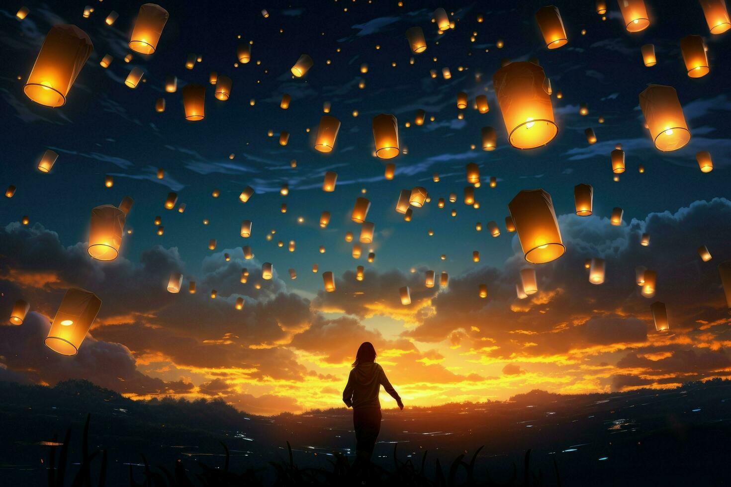 AI generated Lanterns fly in sky at river, Flying lanterns in the night sky during the Diwali festival Ai generated photo