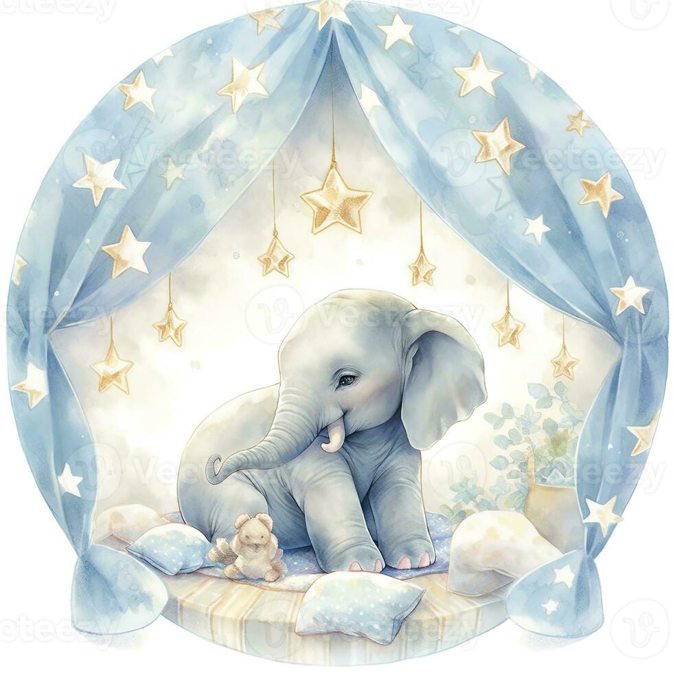 AI generated An elephant on a bed with stars and blankets around the circle. AI Generated photo