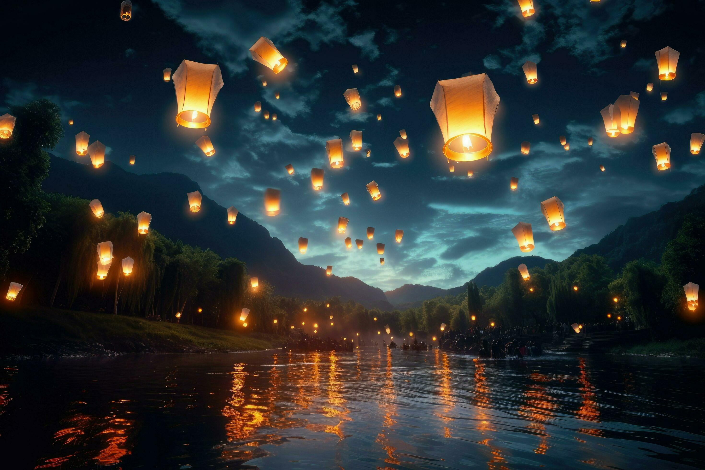 AI generated Lanterns fly in sky at river, Flying lanterns in the night