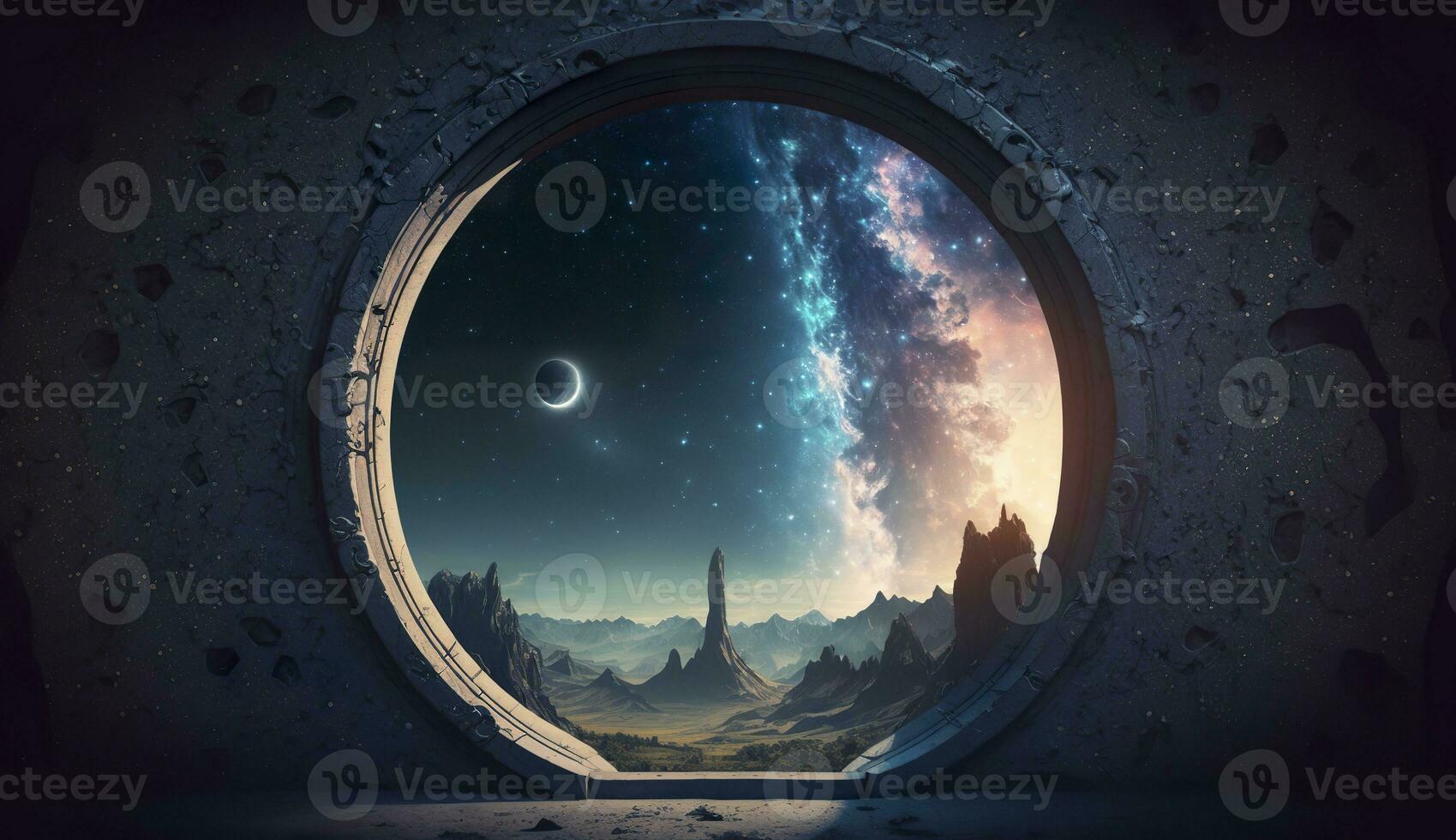 AI generated Portal to another world. Futuristic cosmic landscape with circle tunnel in starry sky. Generative AI photo