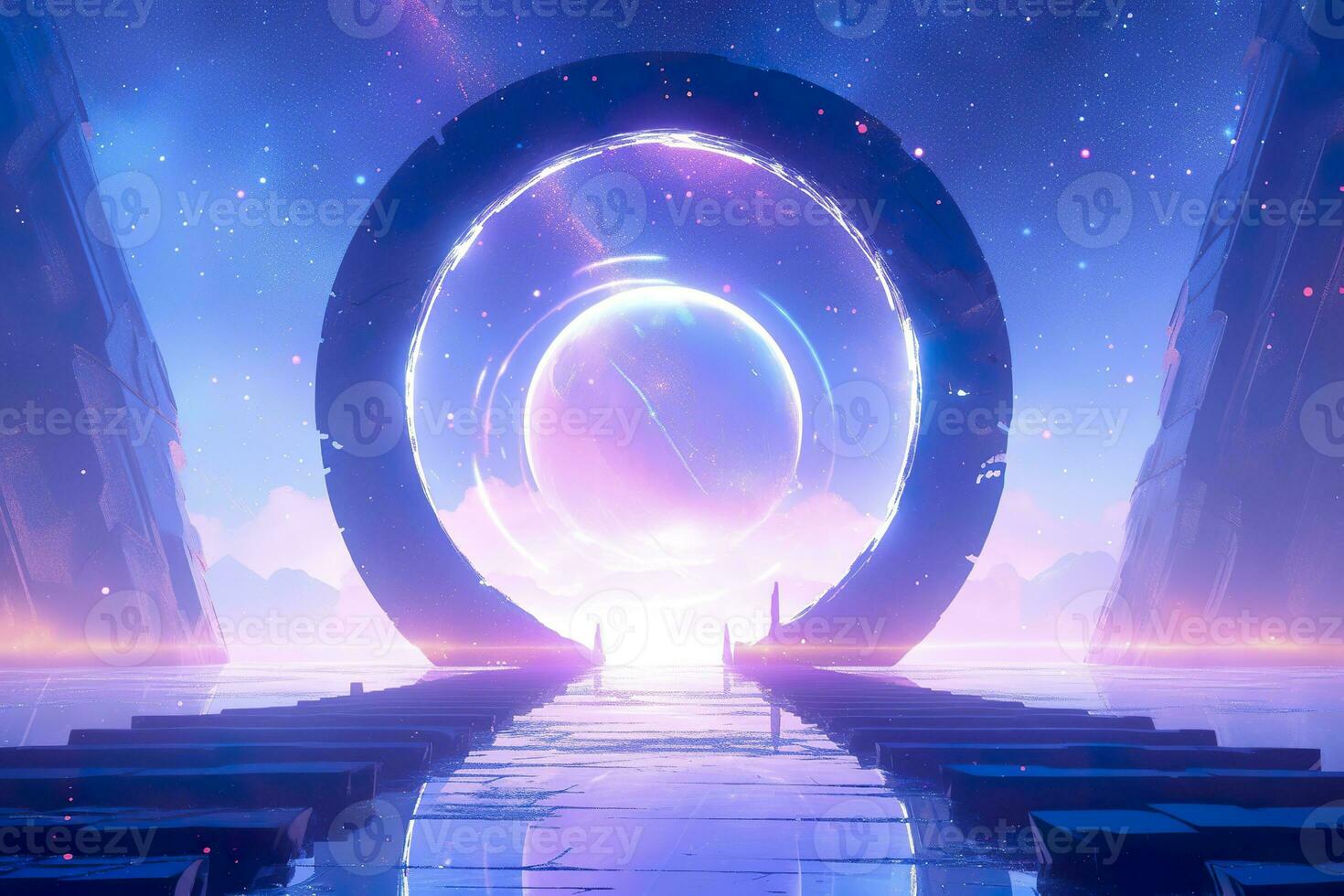 AI generated Portal to another world. Futuristic cosmic landscape with circle tunnel in starry sky. Generative AI photo