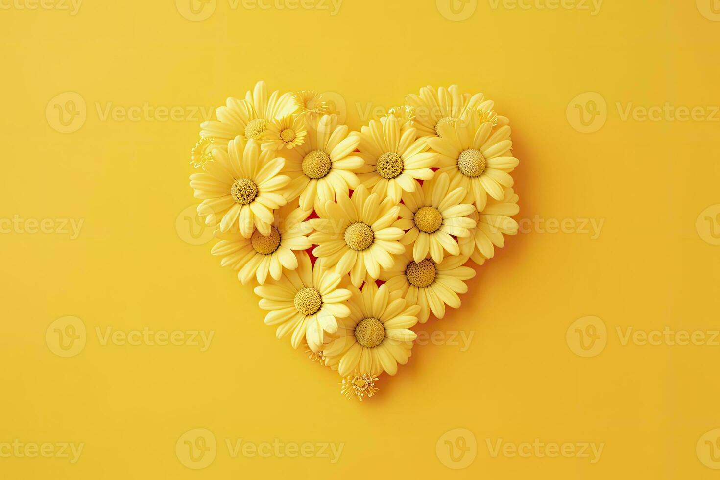 AI generated Yellow Heart Shaped By Yellow Daisies Over Yellow Background. AI Generated photo