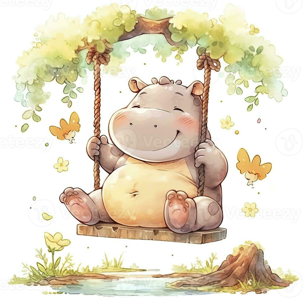 AI generated Cute happy baby rhino on swings in the tree in watercolor style. AI Generated photo