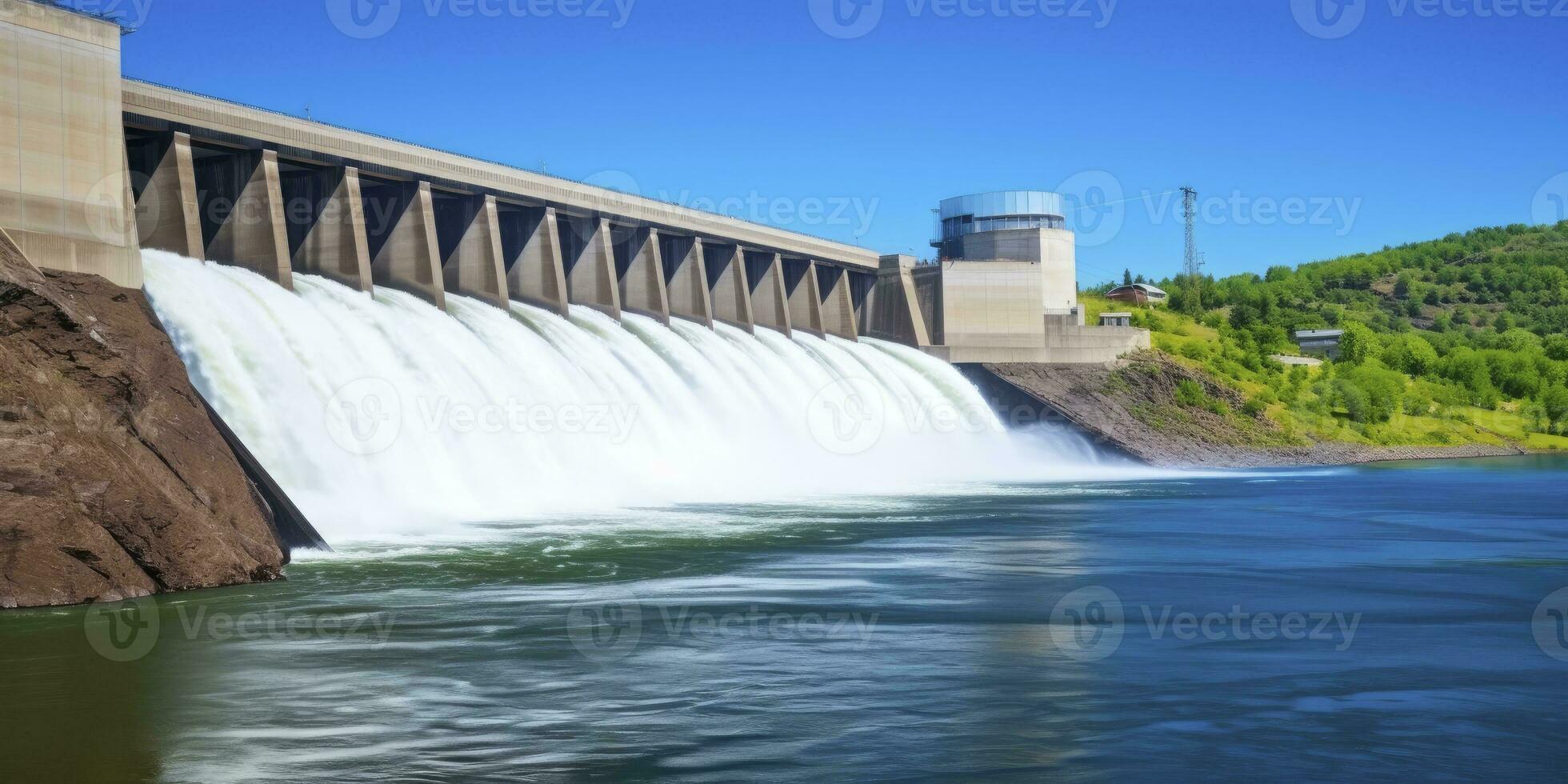 ai generado hidroeléctrico represa generando verde energía desde fluido agua. ai generado. foto