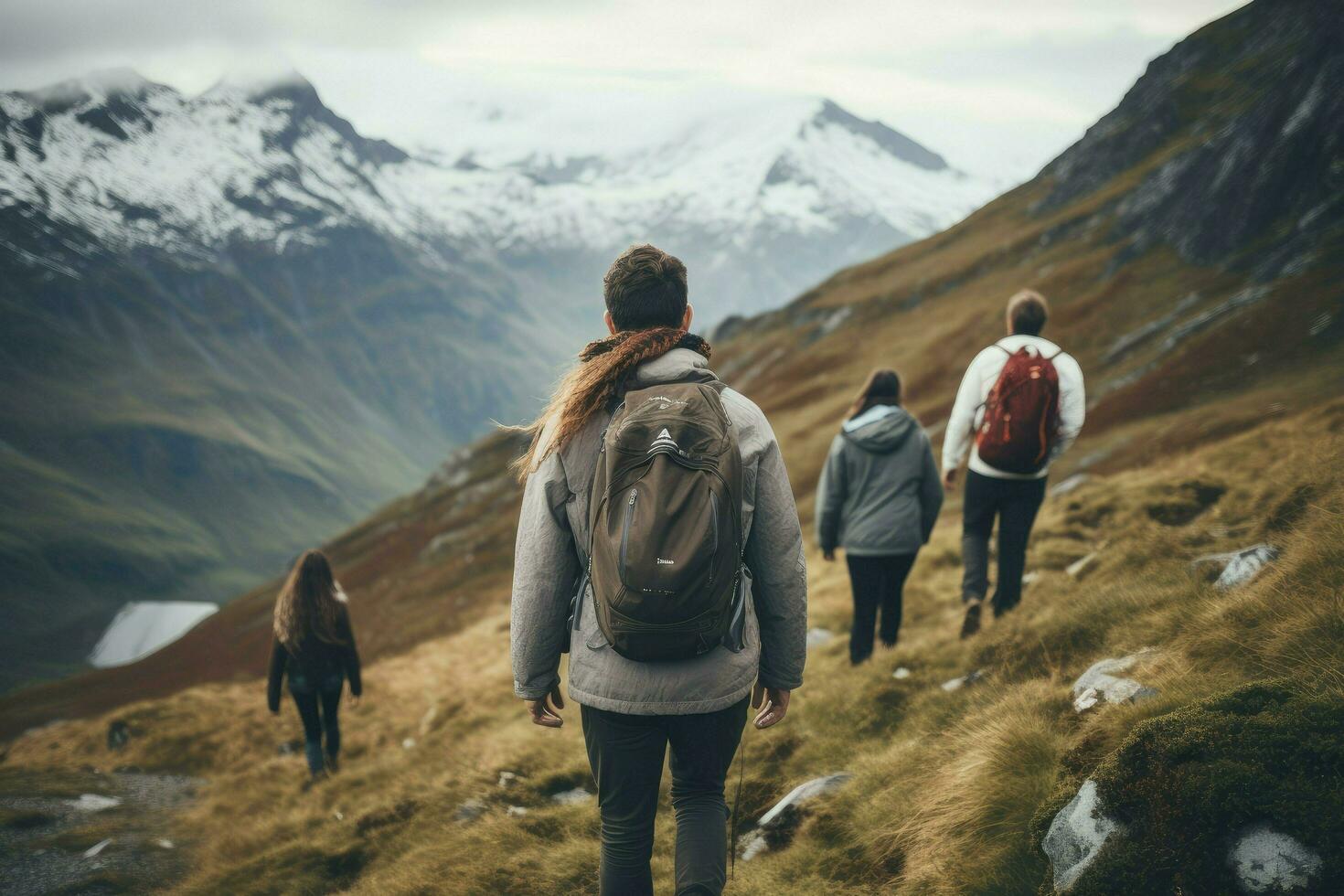 AI generated group of friends hiking in mountains, A group of friends hiking in the mountains in a day Ai generated photo